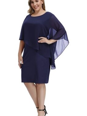 Hanna Nikole Mediun Navy Layered Chiffon Cape Sheath Dress